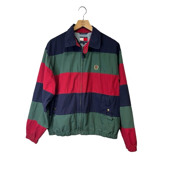 Vintage Tommy Hilfiger Men's Full Zip Jacket Stripe Crest Logo 100% Cotton Small - Picture 1 of 16